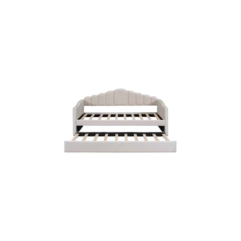 Merax Twin Daybed with Trundle, Velvet Upholstered Sofa Bed Frame with USB Ports, Pull-Out Guest Bed for Small Spaces with Storage Pockets, No Box Spring Required, Beige
