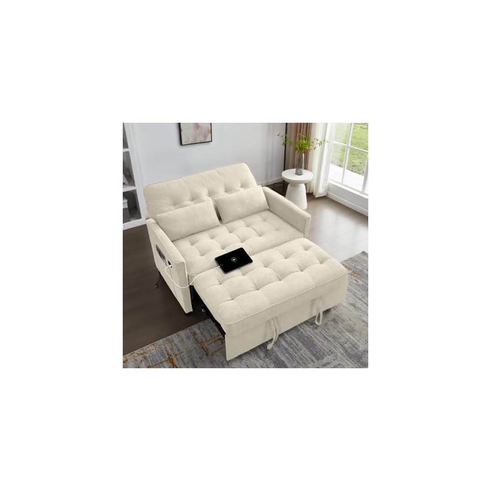 3 in 1 Convertible Sofa Bed, Pull Out Couch with Side Pocket, Sleeper Sofa with Adjustable Backrest | USB Charging Port | Two Pillows | Fabric | Ivory