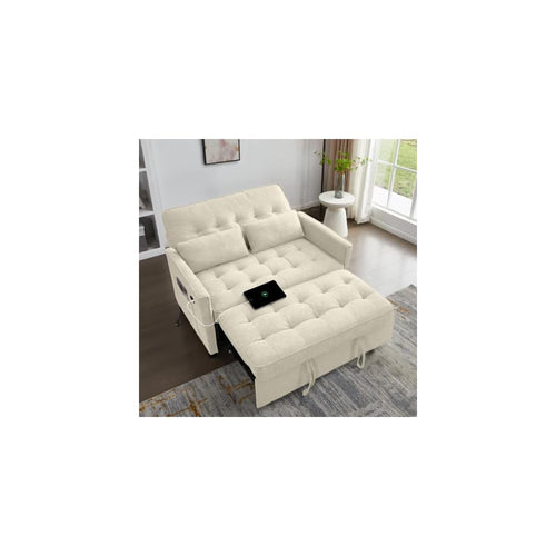 3 in 1 Convertible Sofa Bed, Pull Out Couch with Side Pocket, Sleeper Sofa with Adjustable Backrest | USB Charging Port | Two Pillows | Fabric | Ivory