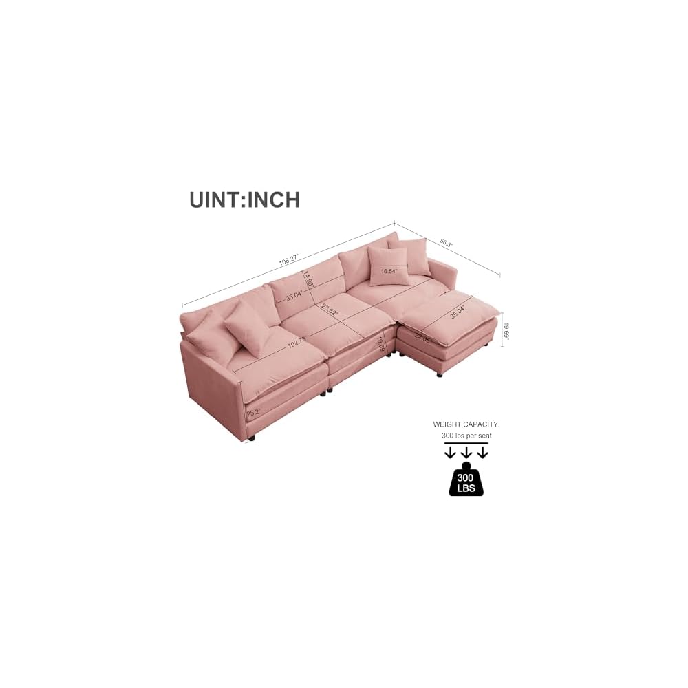 Sectional Sofa Modular Deep Seat Sofa Couch with Ottoman, 108'' L Shape Chenille Sofa Sleeper Comfy Upholstered Furniture for Living Room, Apartment, Studio, Office (Pink, 108.27"- L Shape)