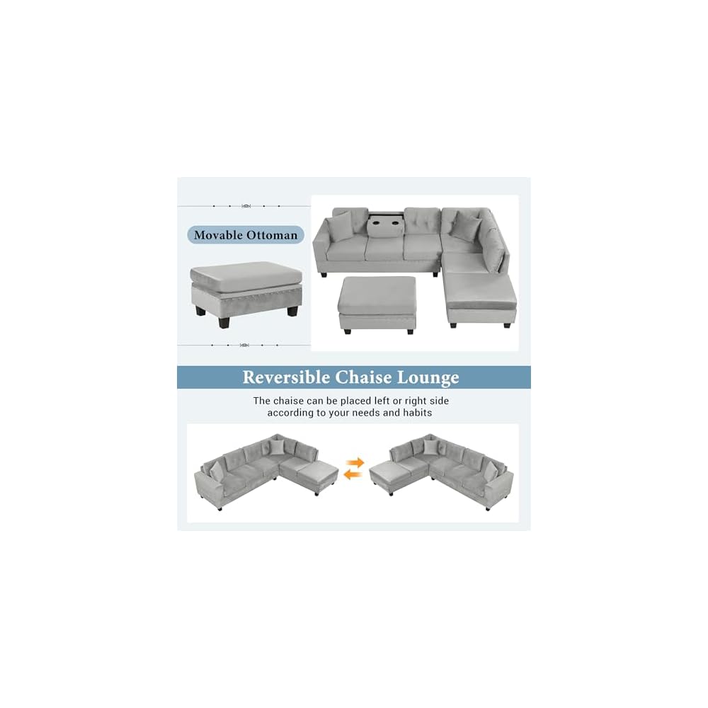 Merax Modern Sectional Sofa with Storage Ottoman (Gray)