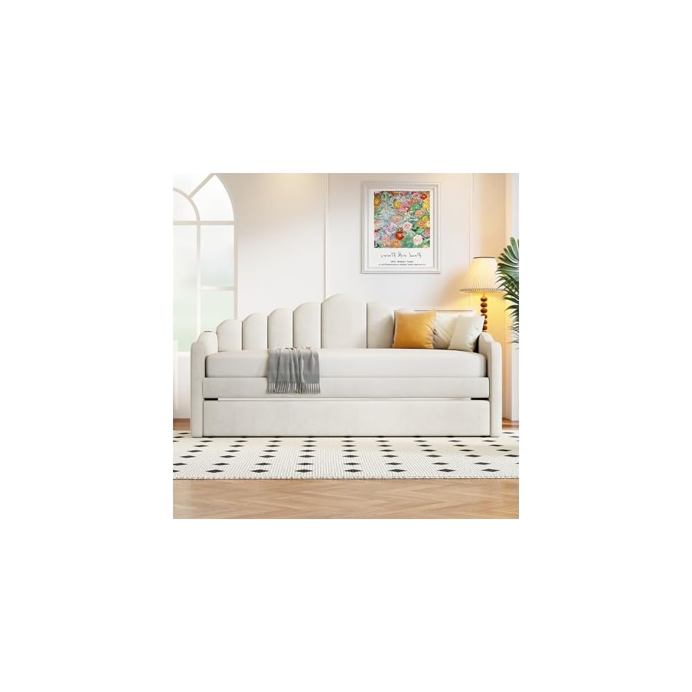 Merax Twin Daybed with Trundle, Velvet Upholstered Sofa Bed Frame with USB Ports, Pull-Out Guest Bed for Small Spaces with Storage Pockets, No Box Spring Required, Beige