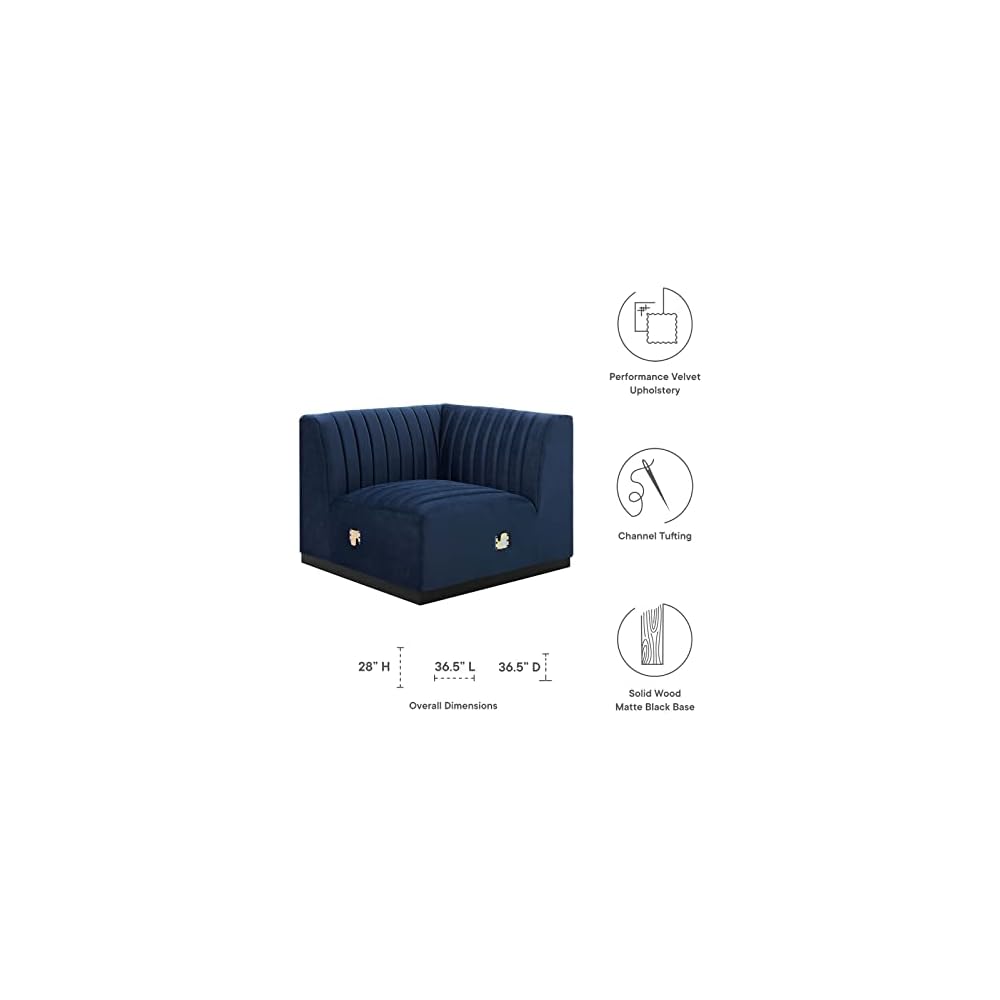 Modway Conjure Channel Tufted Upholstered Performance Velvet Sectional Sofa Left Corner Chair in Black Midnight Blue