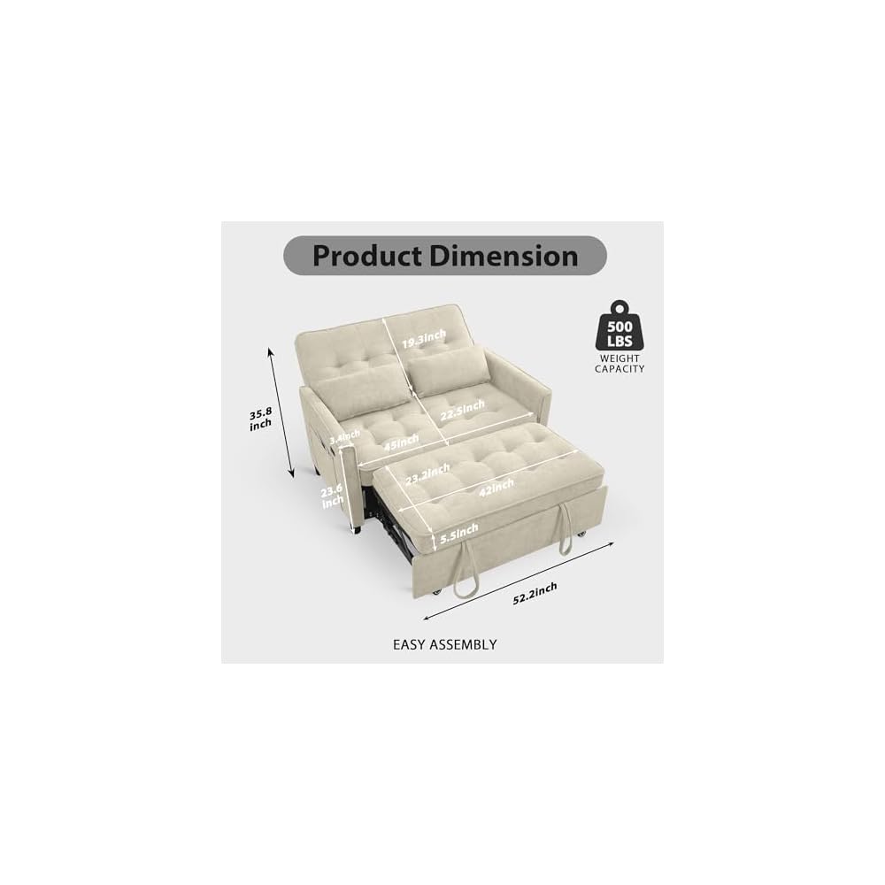 3 in 1 Convertible Sofa Bed, Pull Out Couch with Side Pocket, Sleeper Sofa with Adjustable Backrest | USB Charging Port | Two Pillows | Fabric | Ivory