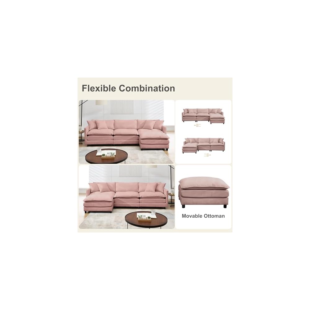 Sectional Sofa Modular Deep Seat Sofa Couch with Ottoman, 108'' L Shape Chenille Sofa Sleeper Comfy Upholstered Furniture for Living Room, Apartment, Studio, Office (Pink, 108.27"- L Shape)