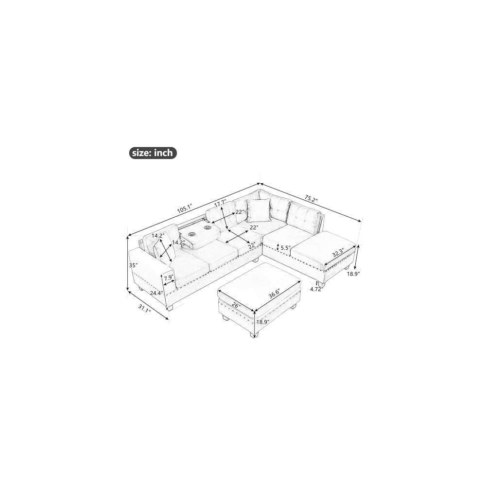 Merax Modern Sectional Sofa with Storage Ottoman (Gray)