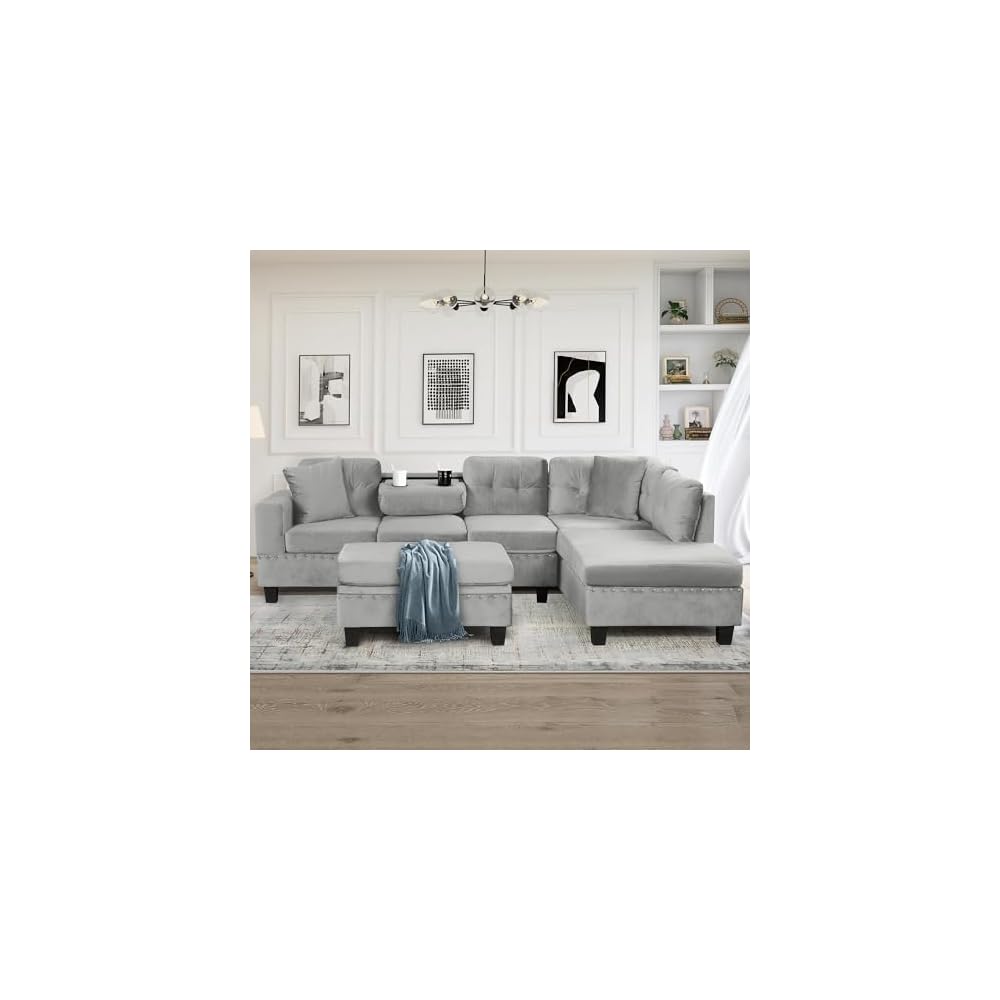 Merax Modern Sectional Sofa with Storage Ottoman (Gray)
