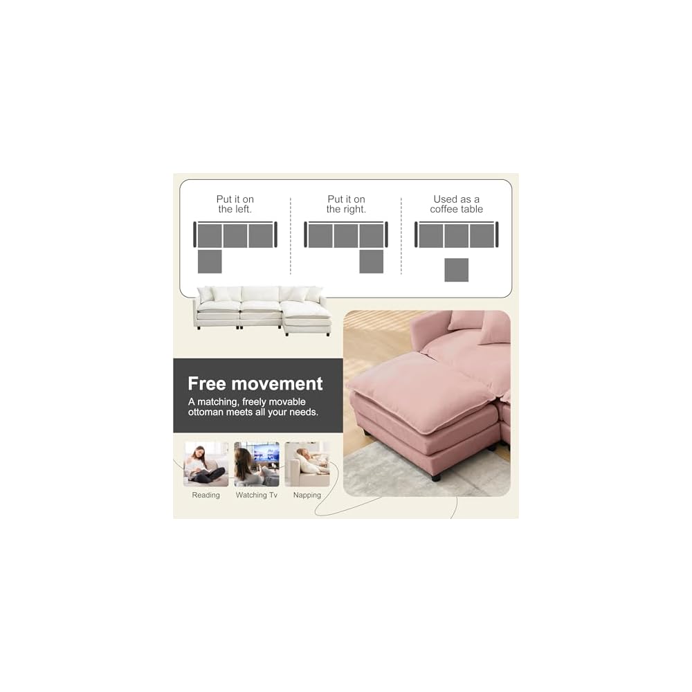 Sectional Sofa Modular Deep Seat Sofa Couch with Ottoman, 108'' L Shape Chenille Sofa Sleeper Comfy Upholstered Furniture for Living Room, Apartment, Studio, Office (Pink, 108.27"- L Shape)