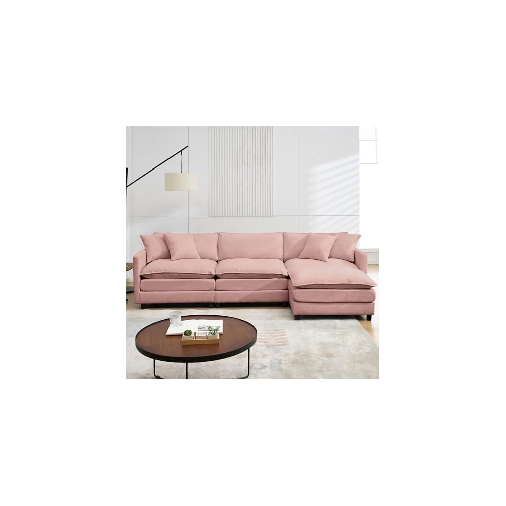 Sectional Sofa Modular Deep Seat Sofa Couch with Ottoman, 108'' L Shape Chenille Sofa Sleeper Comfy Upholstered Furniture for Living Room, Apartment, Studio, Office (Pink, 108.27"- L Shape)