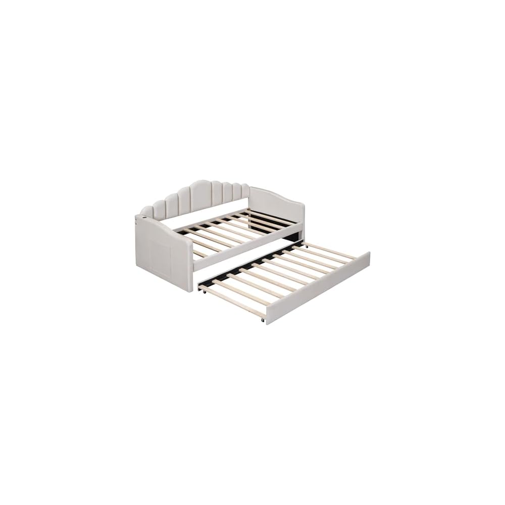 Merax Twin Daybed with Trundle, Velvet Upholstered Sofa Bed Frame with USB Ports, Pull-Out Guest Bed for Small Spaces with Storage Pockets, No Box Spring Required, Beige