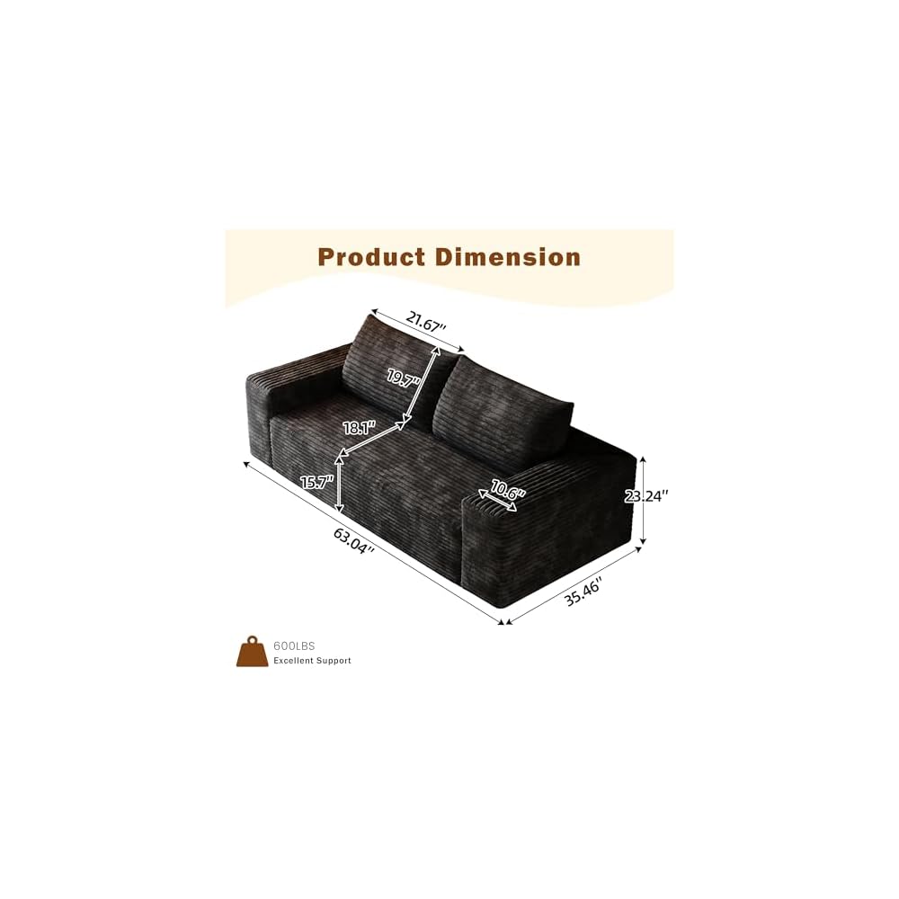 63" Corduroy Boneless 2-Seater Cloud Loveseat Couch