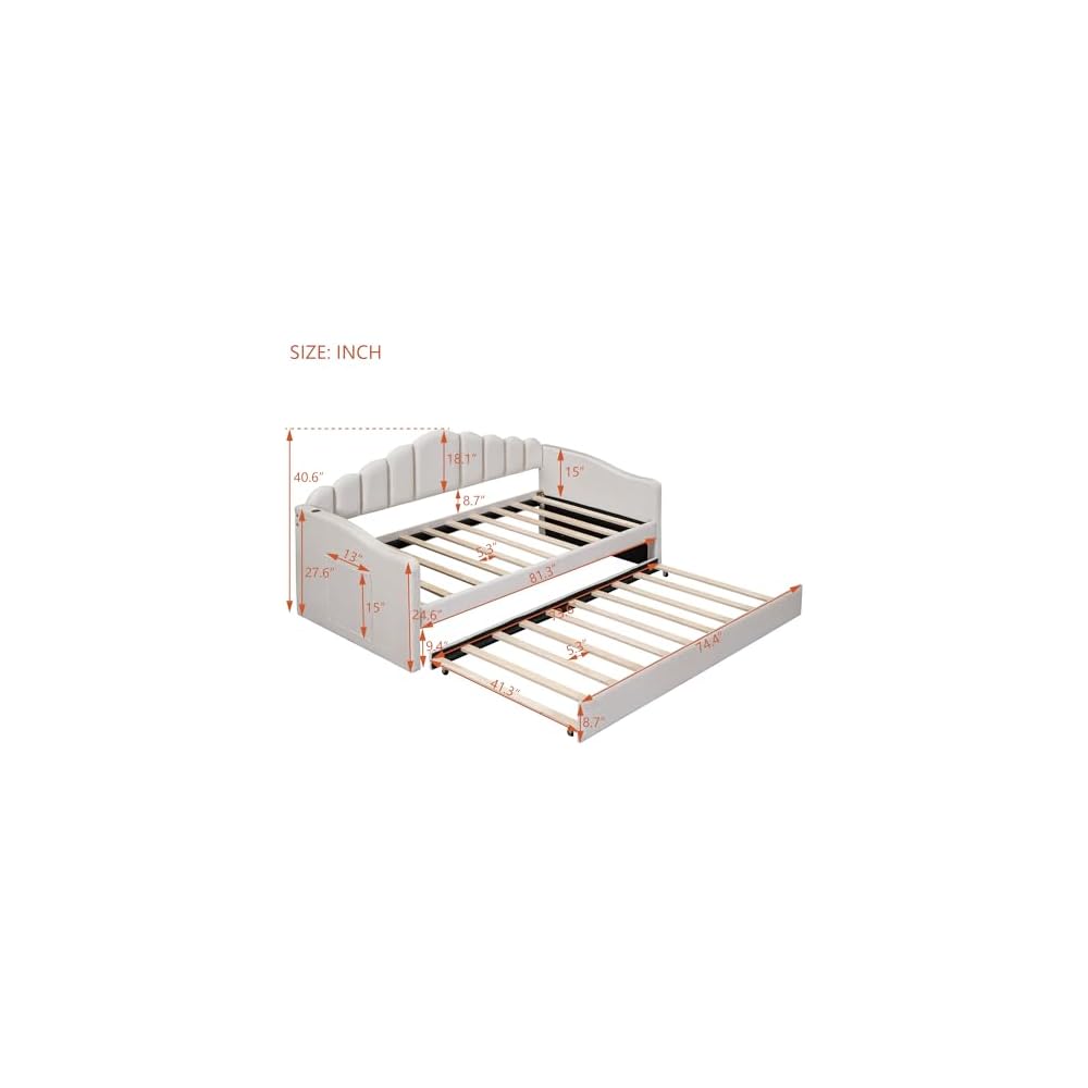 Merax Twin Daybed with Trundle, Velvet Upholstered Sofa Bed Frame with USB Ports, Pull-Out Guest Bed for Small Spaces with Storage Pockets, No Box Spring Required, Beige