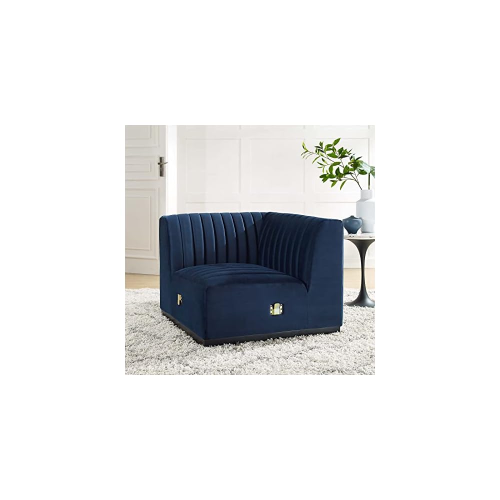 Modway Conjure Channel Tufted Upholstered Performance Velvet Sectional Sofa Left Corner Chair in Black Midnight Blue