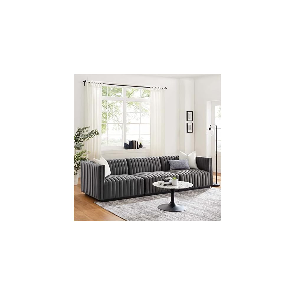 Modway Conjure Channel Tufted Upholstered Performance Velvet Sectional Sofa Left Corner Chair in Black Midnight Blue