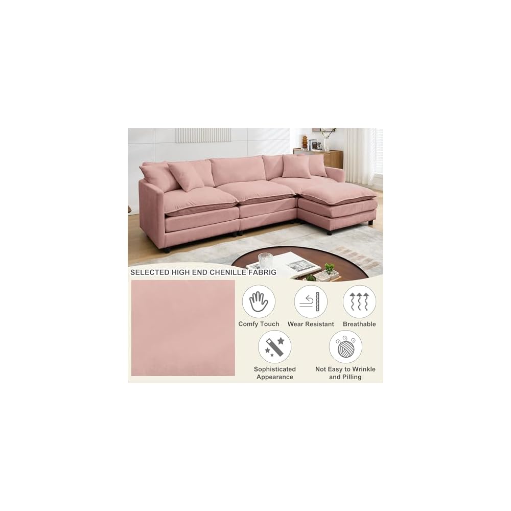 Sectional Sofa Modular Deep Seat Sofa Couch with Ottoman, 108'' L Shape Chenille Sofa Sleeper Comfy Upholstered Furniture for Living Room, Apartment, Studio, Office (Pink, 108.27"- L Shape)