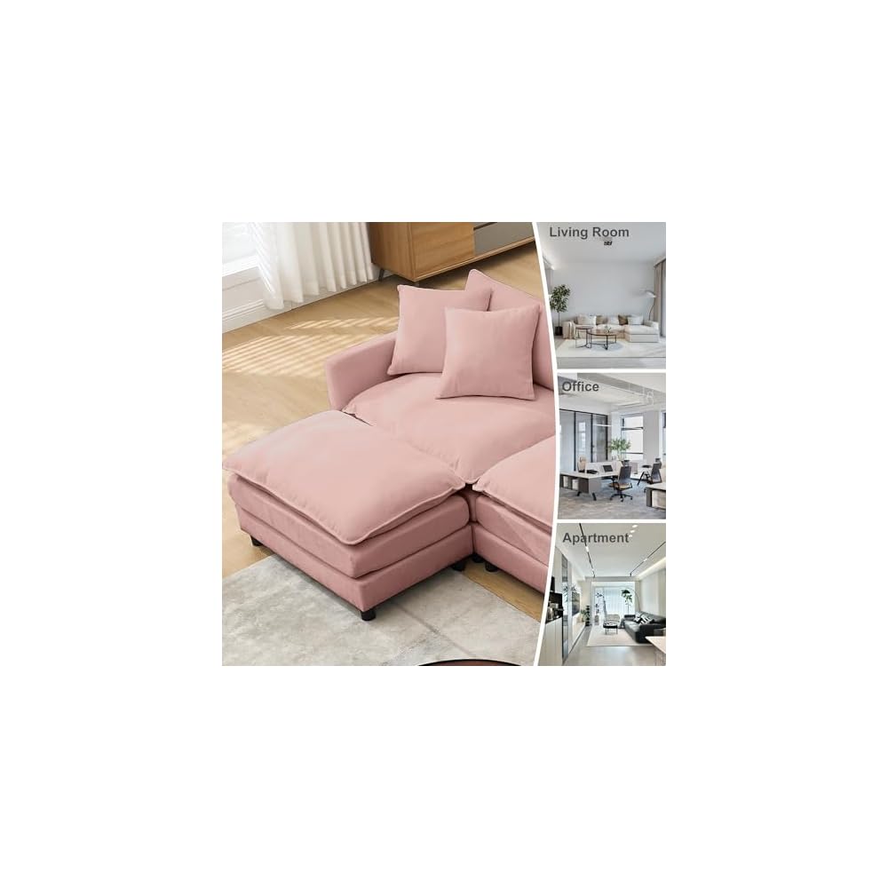 Sectional Sofa Modular Deep Seat Sofa Couch with Ottoman, 108'' L Shape Chenille Sofa Sleeper Comfy Upholstered Furniture for Living Room, Apartment, Studio, Office (Pink, 108.27"- L Shape)
