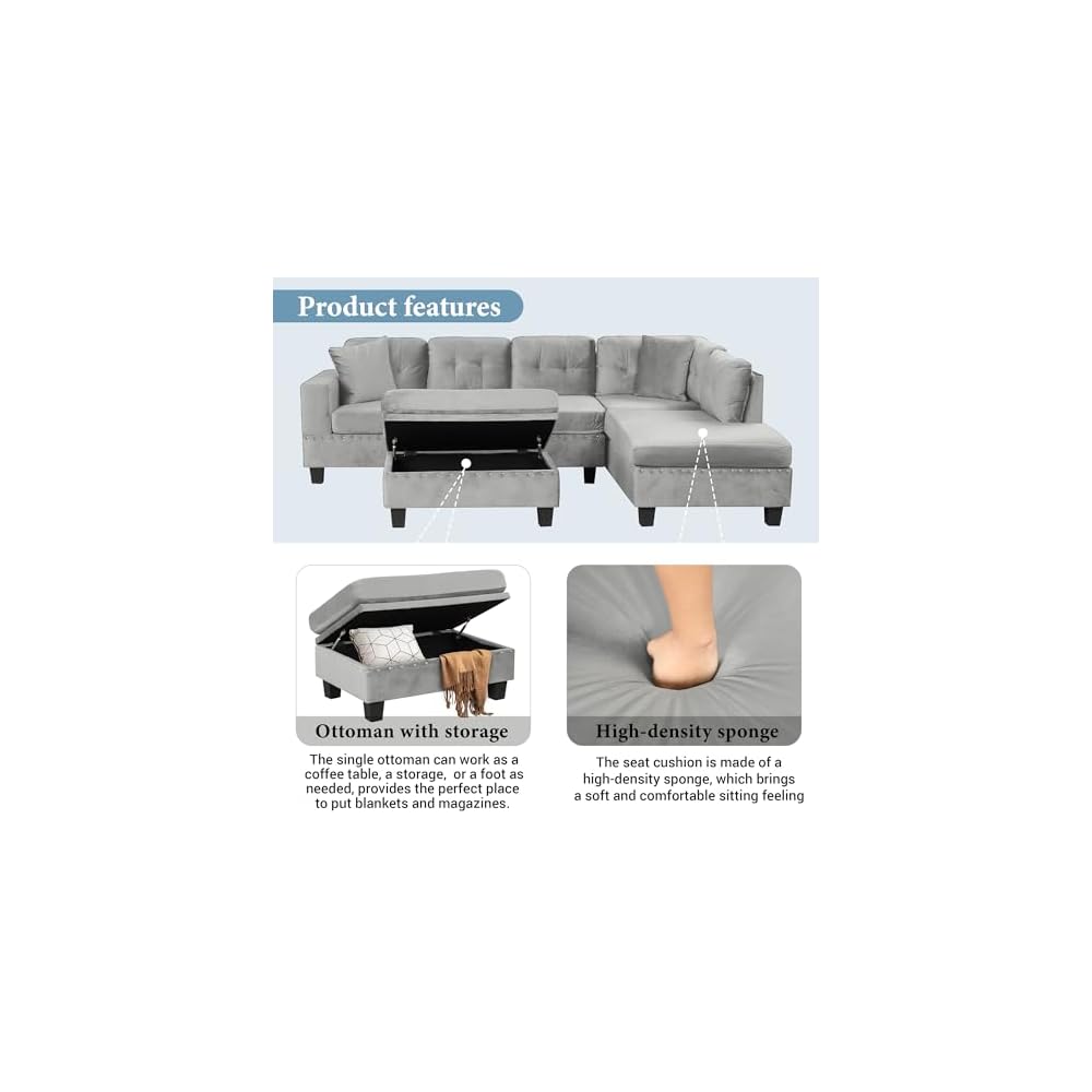 Merax Modern Sectional Sofa with Storage Ottoman (Gray)