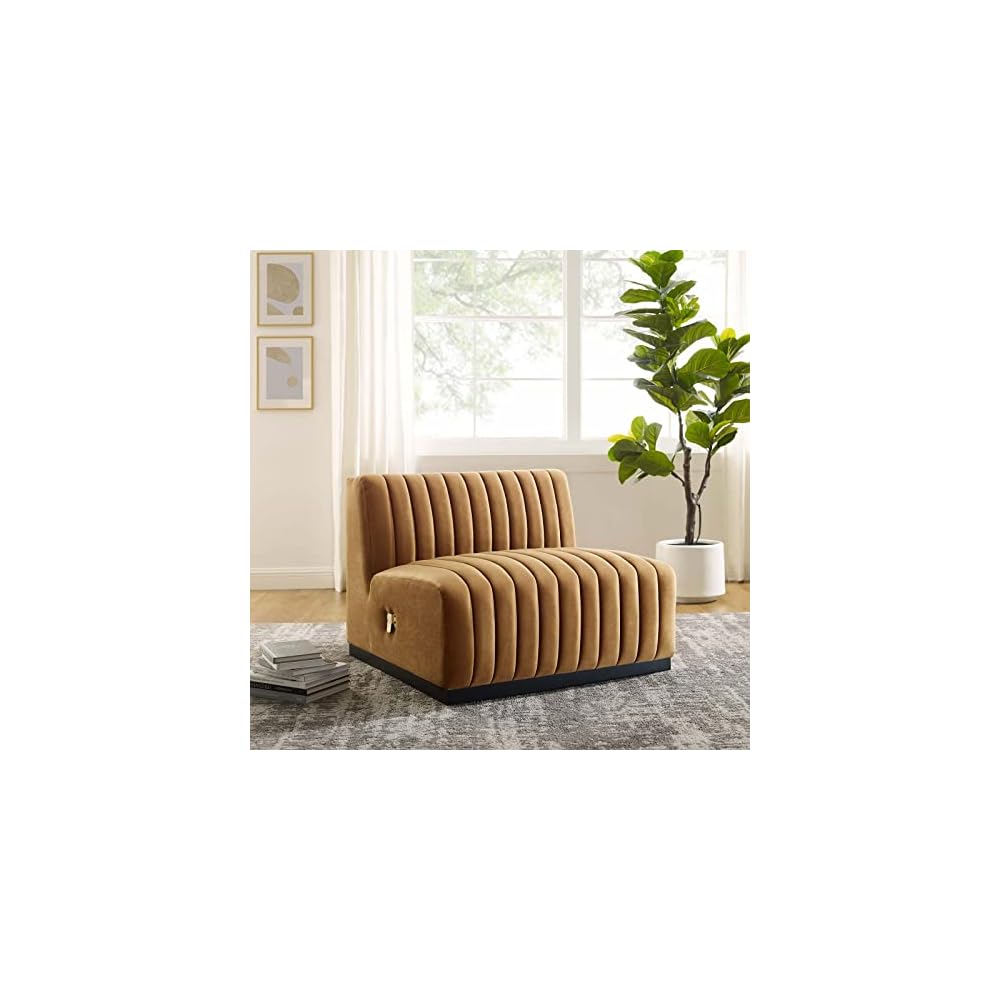 Modway Conjure Channel Tufted Upholstered Performance Velvet Sectional Sofa Left Corner Chair in Black Midnight Blue