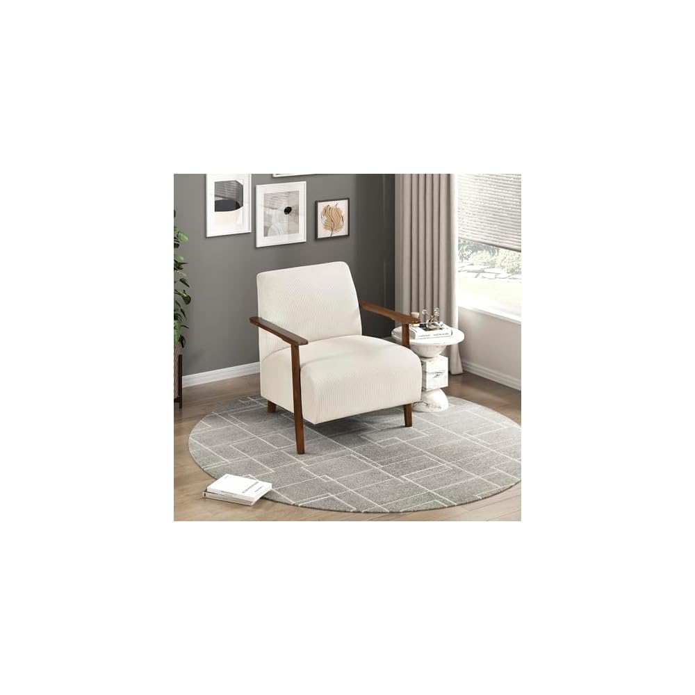 Lexicon Modern Accent Chair with Solid Wood Frame in Chestnut Finish, Chenille Fabric Upholstered Living Room Lounge Arm Chair, Thick and Comfy Innerspring Seat Cushion, Beige