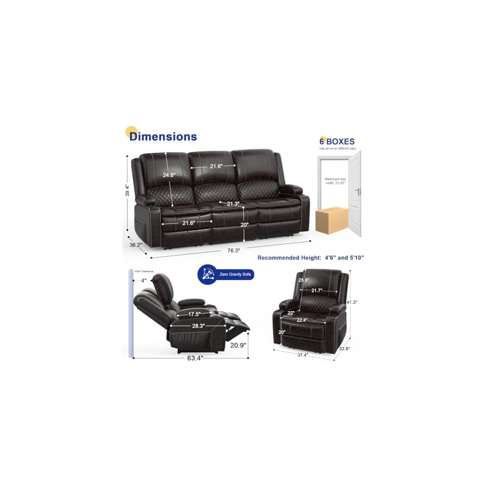 3+1 Recliner Sofa Set, Manual Reclining Couch Wall Hugger (PU, Brown)