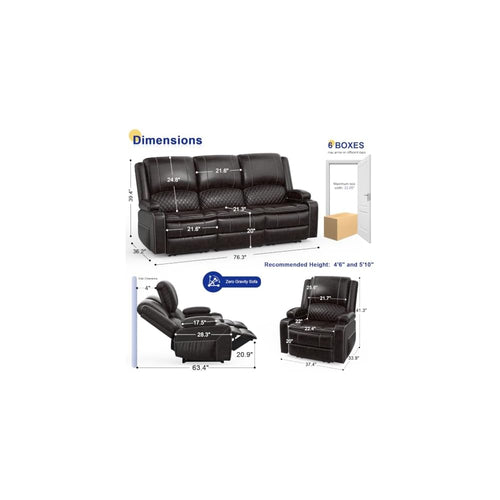 3+1 Recliner Sofa Set, Manual Reclining Couch Wall Hugger (PU, Brown)
