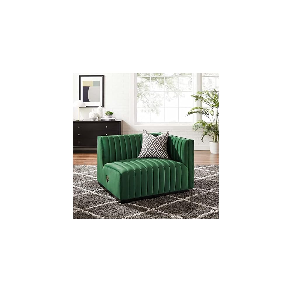Modway Conjure Channel Tufted Upholstered Performance Velvet Sectional Sofa Left Corner Chair in Black Midnight Blue