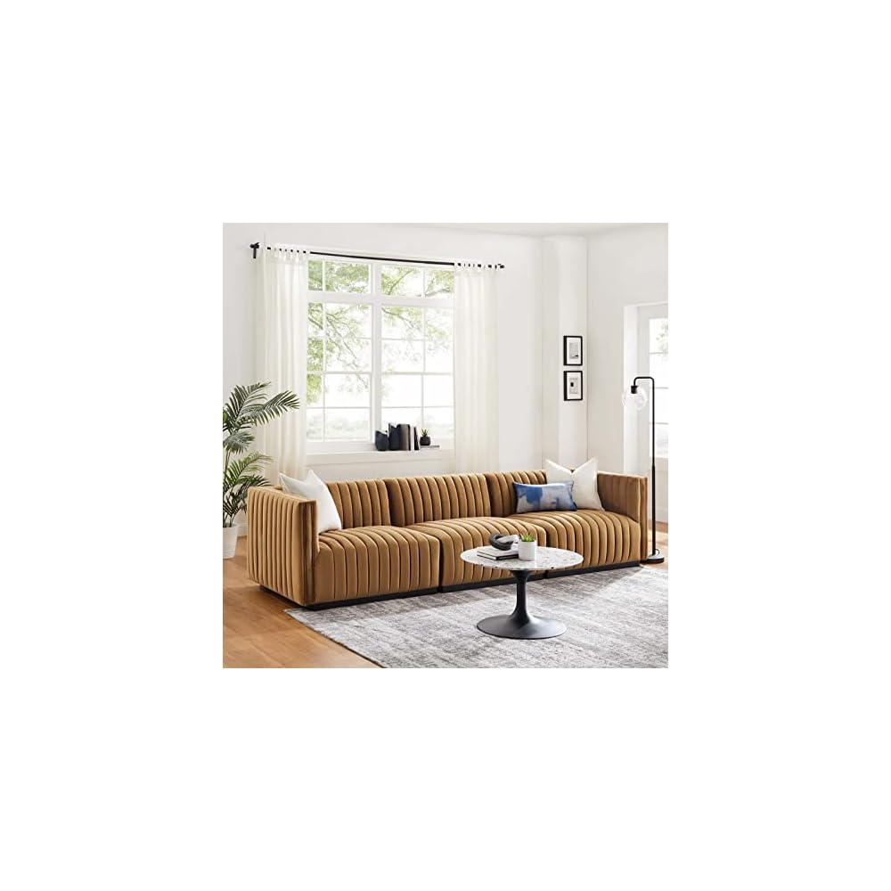 Modway Conjure Channel Tufted Upholstered Performance Velvet Sectional Sofa Left Corner Chair in Black Midnight Blue