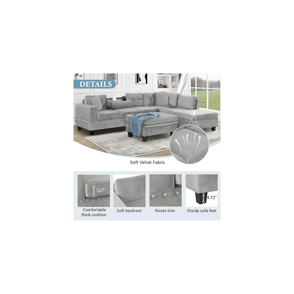 Merax Modern Sectional Sofa with Storage Ottoman (Gray)