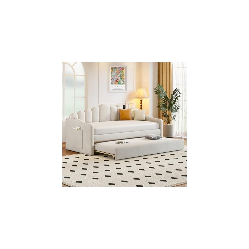 Merax Twin Daybed with Trundle, Velvet Upholstered Sofa Bed Frame with USB Ports, Pull-Out Guest Bed for Small Spaces with Storage Pockets, No Box Spring Required, Beige