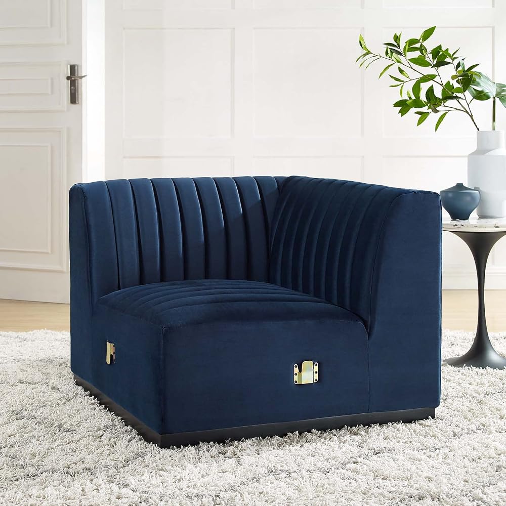 Modway Conjure Channel Tufted Upholstered Performance Velvet Sectional Sofa Left Corner Chair in Black Midnight Blue