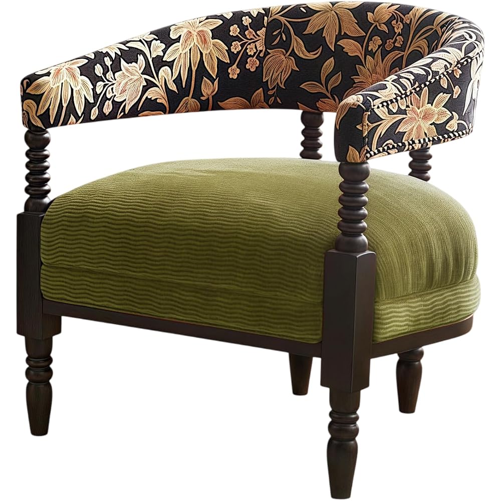 Vintage Accent Chair Upholstered Solid Wood Armchair Floral Fabric Lounge Chair for Living Room Bedroom Small Spaces Classic Designer Single Sofa Chair (Green)