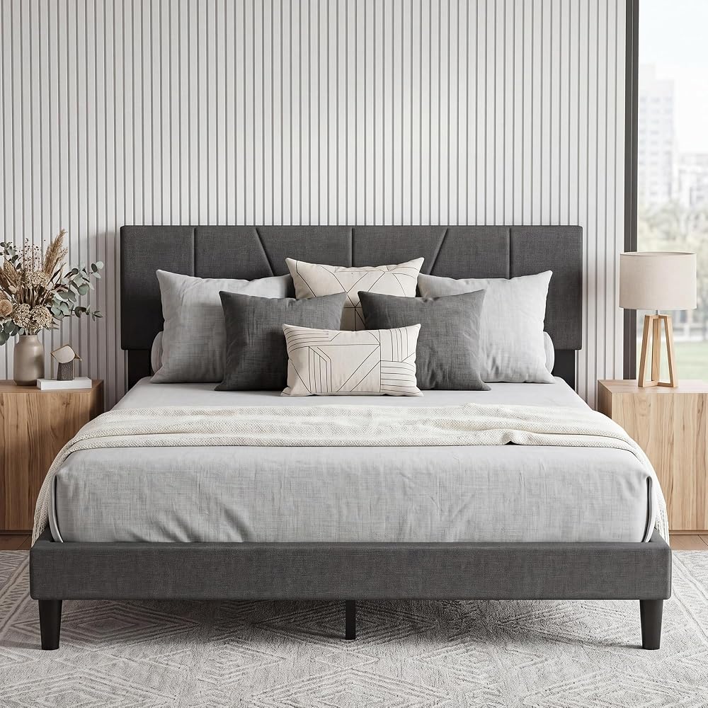 Queen Bed Frame with Upholstered Headboard - 3 Adjustable Heights 39"-41"-43", 1300 lbs Heavy Duty 12 Legs Platform Bed, Easy Assembly, Grey