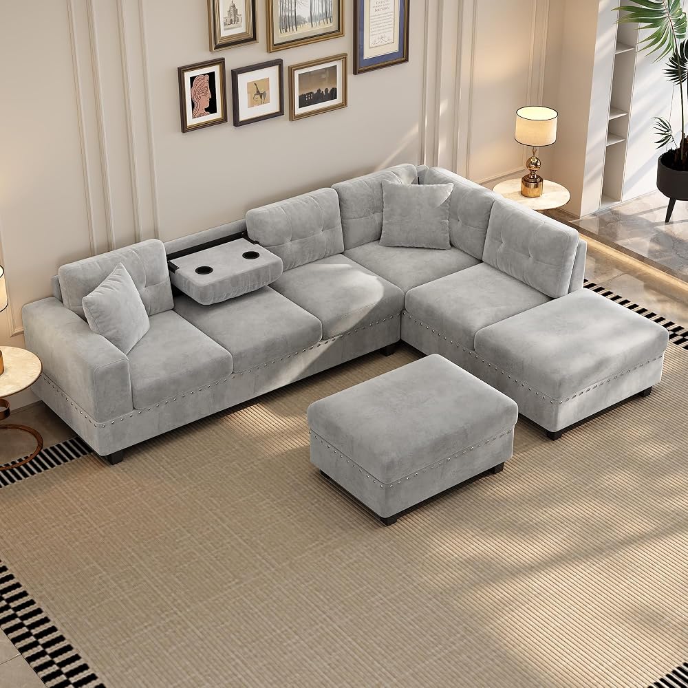 Merax Modern Sectional Sofa with Storage Ottoman (Gray)