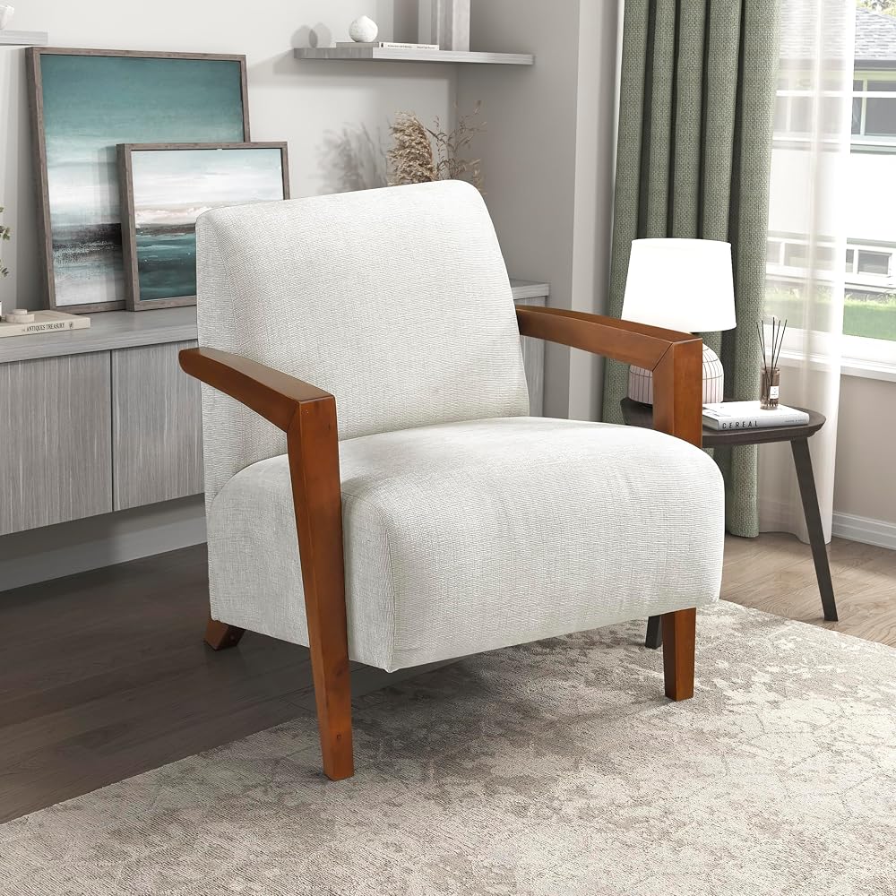Lexicon Modern Accent Chair with Solid Wood Frame in Chestnut Finish, Chenille Fabric Upholstered Living Room Lounge Arm Chair, Thick and Comfy Innerspring Seat Cushion, Beige